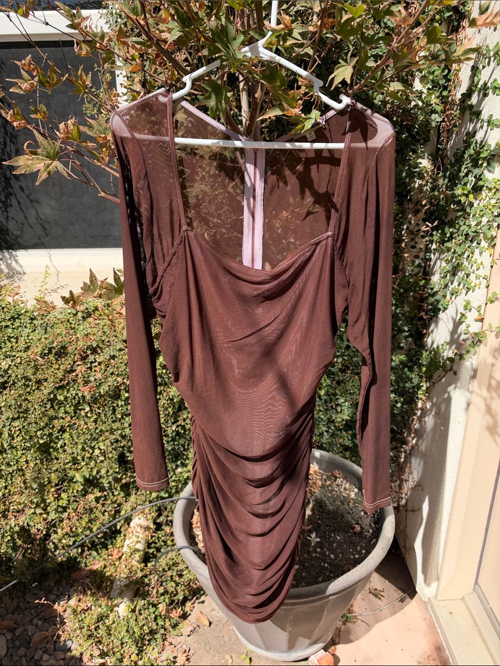 Fashion Nova Chocolate Brown Long-Sleeve Draped Bodycon Dress